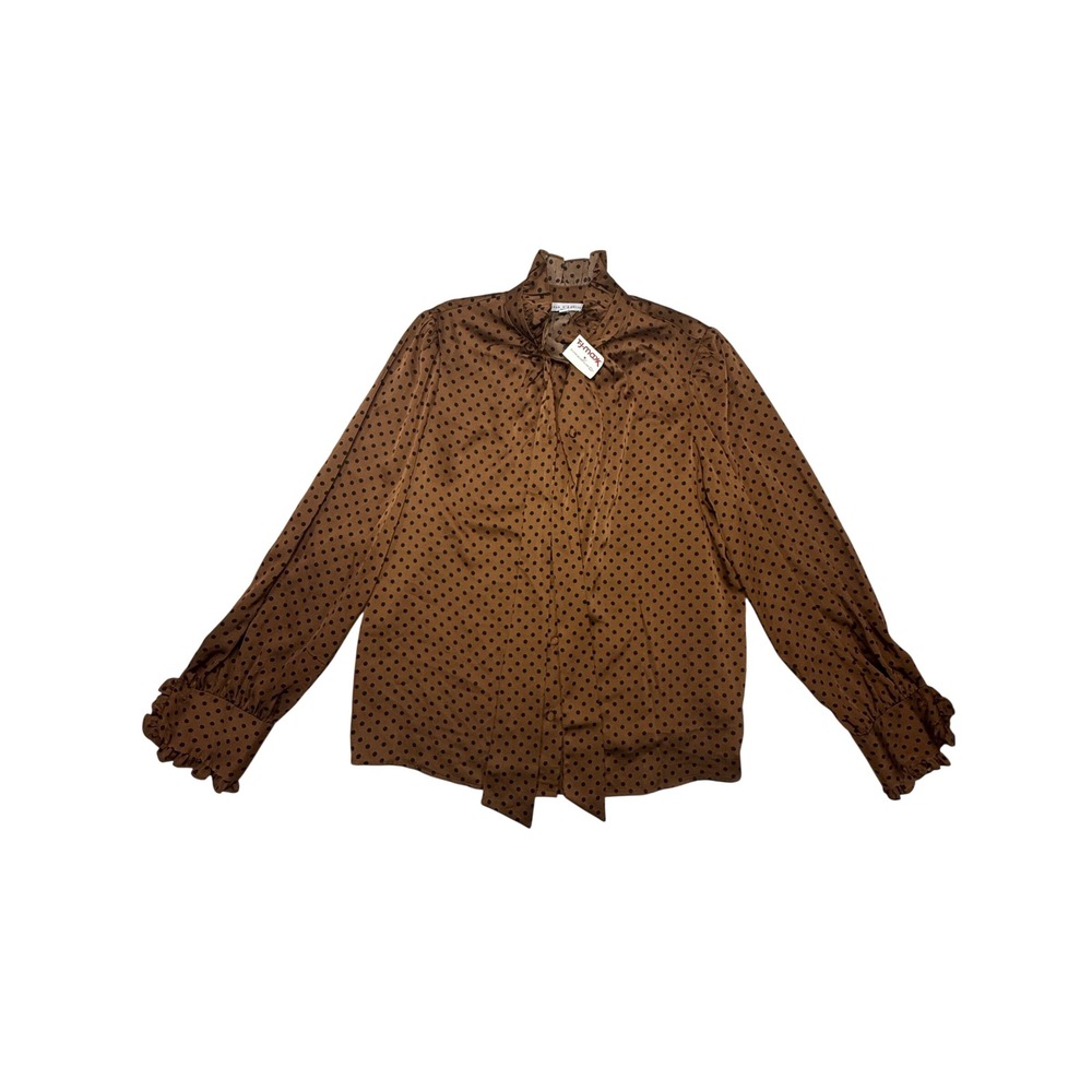Maison d'Amélie Brown Polka Dot Ruffle Neck Tie Blouse Long Sleeve NWT Small